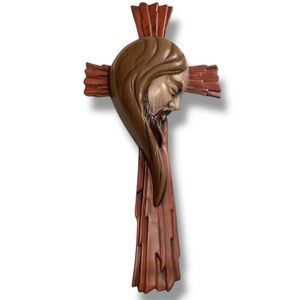 Artistic Brown Wooden Wall Cross with Jesus Design